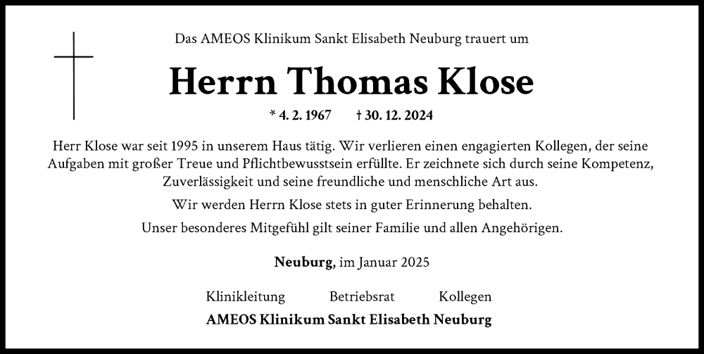  Traueranzeige für Thomas Klose vom 11.01.2025 aus Neuburger Rundschau