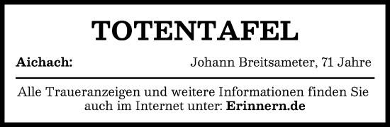 Traueranzeige von Totentafel vom 07.01.2025 von Aichacher Nachrichten