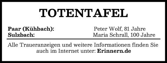Traueranzeige von Totentafel vom 14.01.2025 von Aichacher Nachrichten