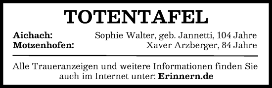 Traueranzeige von Totentafel vom 18.01.2025 von Aichacher Nachrichten