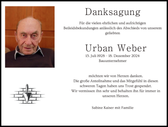 Traueranzeige von Urban Weber von Landsberger Tagblatt