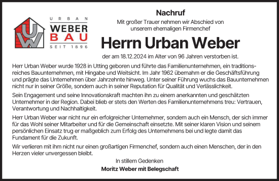 Traueranzeige von Urban Weber von Landsberger Tagblatt