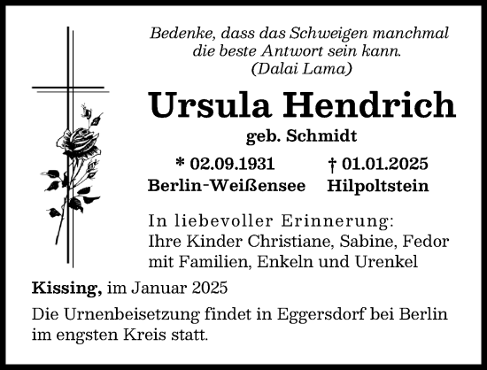 Traueranzeige von Ursula Hendrich von Friedberger Allgemeine