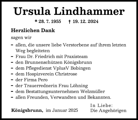 Traueranzeige von Ursula Lindhammer von Schwabmünchner Allgemeine