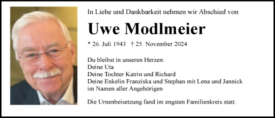 Traueranzeige von Uwe Modlmeier von Augsburger Allgemeine