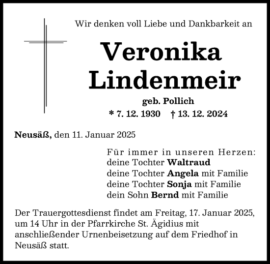 Traueranzeige von Veronika Lindenmeir von Augsburger Allgemeine