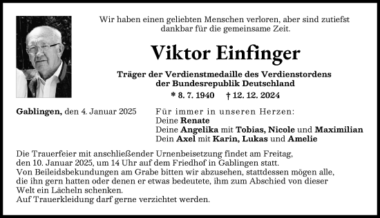 Traueranzeige von Viktor Einfinger von Augsburger Allgemeine