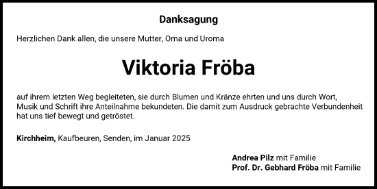 Traueranzeige von Viktoria Fröba von Mindelheimer Zeitung