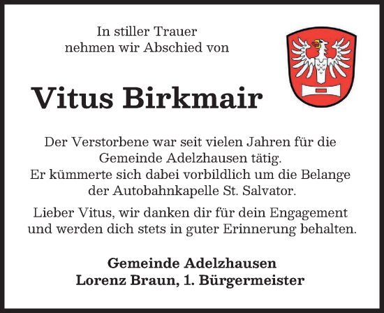 Traueranzeige von Vitus Birkmair von Friedberger Allgemeine