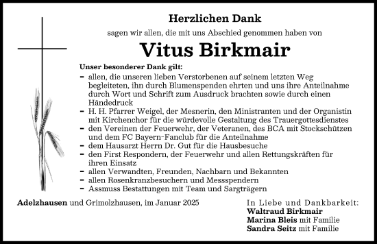 Traueranzeige von Vitus Birkmair von Friedberger Allgemeine, Aichacher Nachrichten