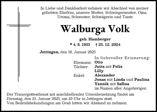 Traueranzeige von Walburga Volk von Günzburger Zeitung