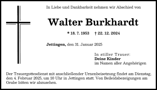 Traueranzeige von Walter Burkhardt von Günzburger Zeitung