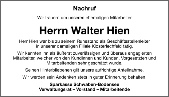 Traueranzeige von Walter Hien von Schwabmünchner Allgemeine