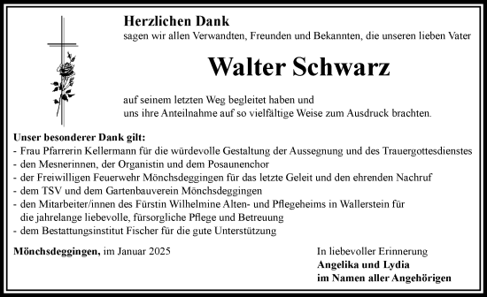 Traueranzeige von Walter Schwarz von Rieser Nachrichten
