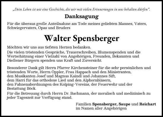 Traueranzeige von Walter Spensberger von Ammersee Kurier