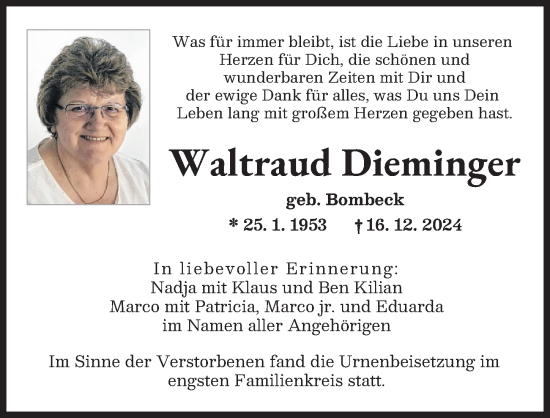 Traueranzeige von Waltraud Dieminger von Augsburger Allgemeine