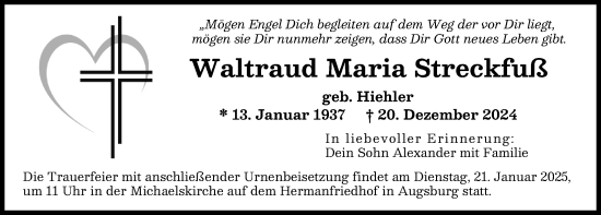Traueranzeige von Waltraud Maria Streckfuß von Augsburger Allgemeine