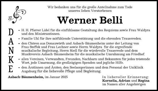 Traueranzeige von Werner Belli von Donauwörther Zeitung, Wertinger Zeitung, Augsburg-Land