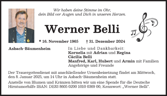 Traueranzeige von Werner Belli von Wertinger Zeitung, Augsburg-Land, Donauwörther Zeitung