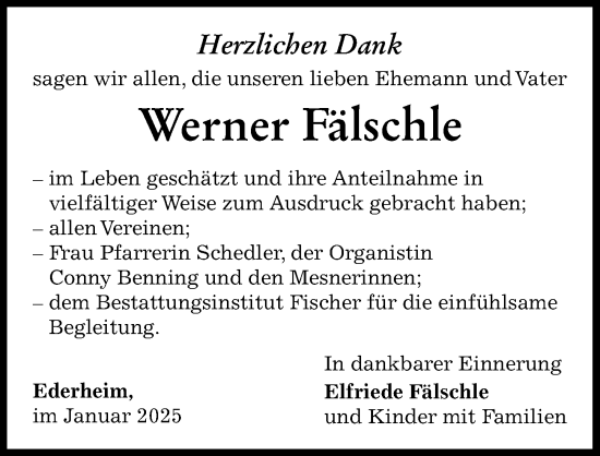 Traueranzeige von Werner Fälschle von Rieser Nachrichten