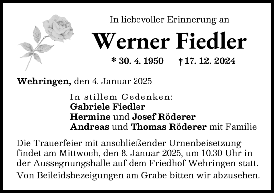 Traueranzeige von Werner Fiedler von Schwabmünchner Allgemeine