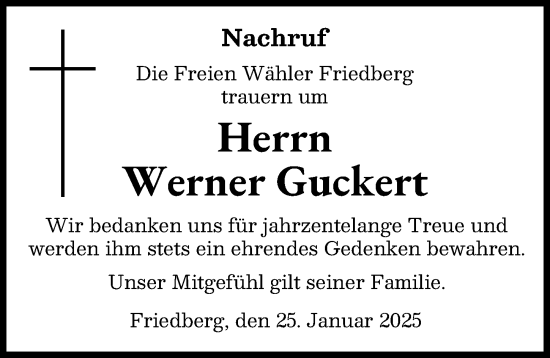 Traueranzeige von Werner Guckert von Friedberger Allgemeine