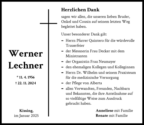Traueranzeige von Werner Lechner von Friedberger Allgemeine