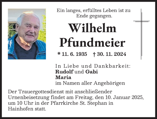 Traueranzeige von Wilhelm Pfundmeier von Augsburg-Land, Friedberger Allgemeine