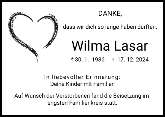 Traueranzeige von Wilma Lasar von Günzburger Zeitung