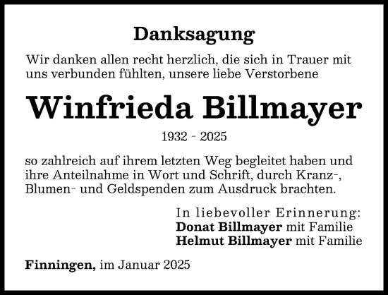 Traueranzeige von Winfrieda Billmayer von Neu-Ulmer Zeitung