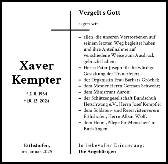 Traueranzeige von Xaver Kempter von Neu-Ulmer Zeitung, Günzburger Zeitung