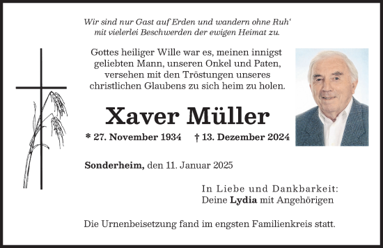 Traueranzeige von Xaver Müller von Donau Zeitung