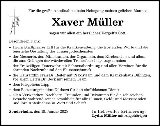 Traueranzeige von Xaver Müller von Donau Zeitung