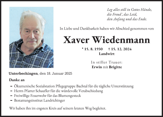 Traueranzeige von Xaver Wiedenmann von Donau Zeitung
