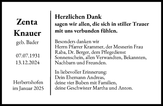 Traueranzeige von Zenta Knauer von Augsburg-Land