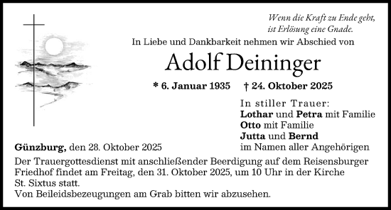 Traueranzeige von Adolf Deininger von Günzburger Zeitung