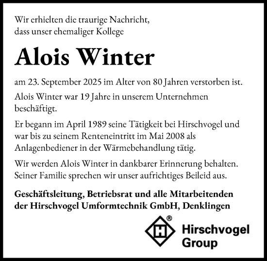 Traueranzeige von Alois Winter von Landsberger Tagblatt