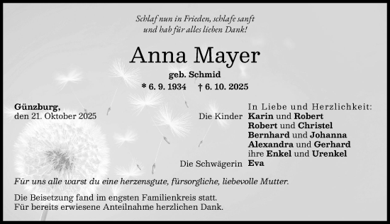 Traueranzeige von Anna Mayer von Günzburger Zeitung