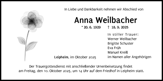 Traueranzeige von Anna Weilbacher von Günzburger Zeitung