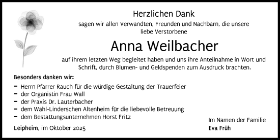 Traueranzeige von Anna Weilbacher von Günzburger Zeitung