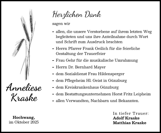 Traueranzeige von Anneliese Kraske von Günzburger Zeitung
