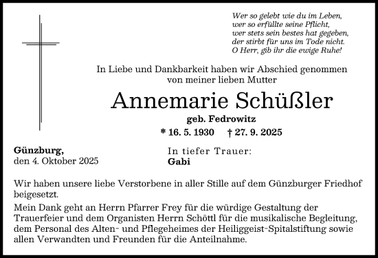 Traueranzeige von Annemarie Schüßler von Günzburger Zeitung