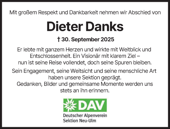 Traueranzeige von Dieter Danks von Neu-Ulmer Zeitung, Illertisser Zeitung
