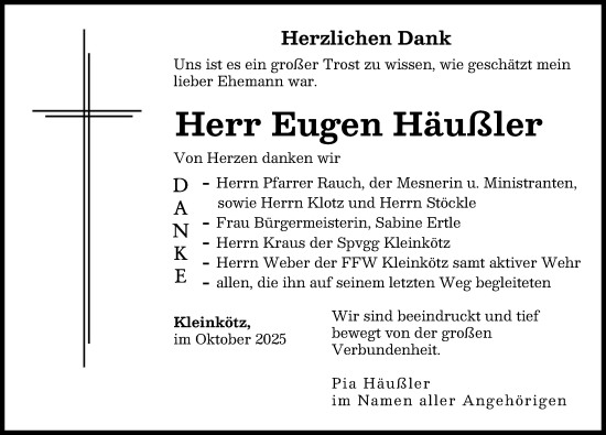 Traueranzeige von Eugen Häußler von Günzburger Zeitung