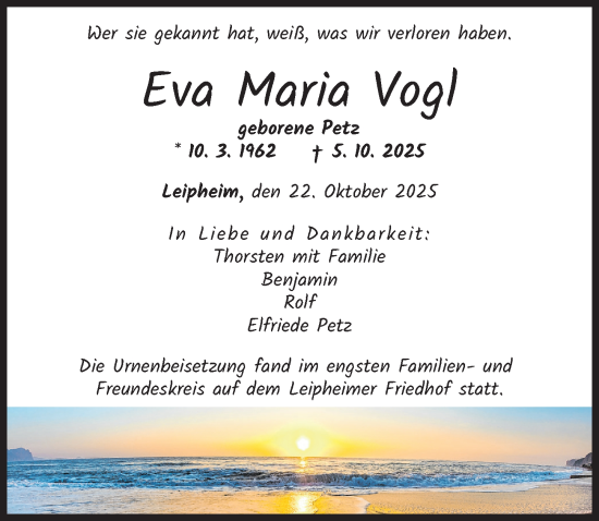 Traueranzeige von Eva Maria Vogl von Günzburger Zeitung