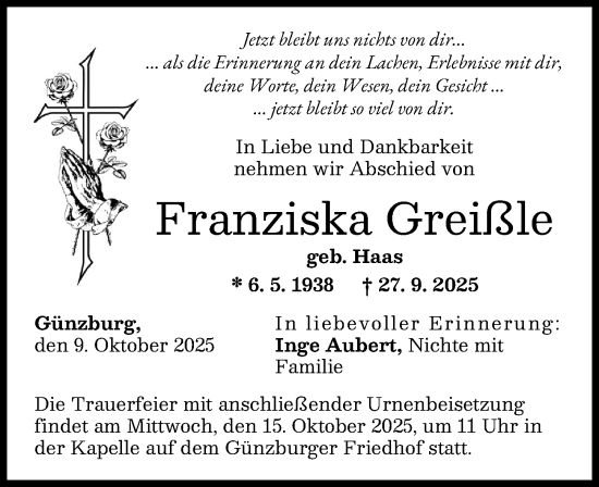 Traueranzeige von Franziska Greißle von Günzburger Zeitung