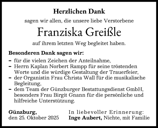 Traueranzeige von Franziska Greißle von Günzburger Zeitung