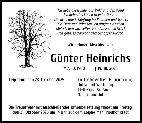 Traueranzeige von Günter Heinrichs von Günzburger Zeitung