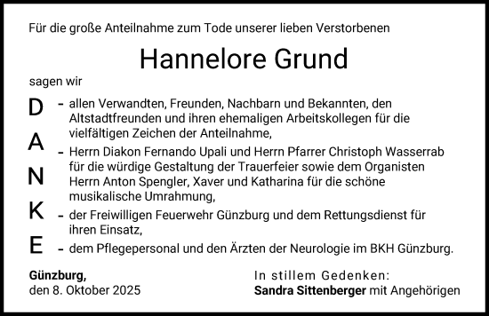 Traueranzeige von Hannelore Grund von Günzburger Zeitung