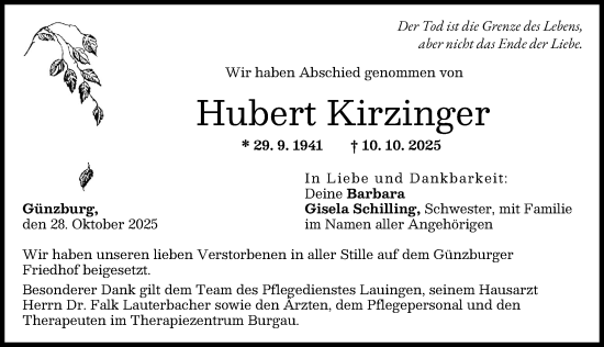 Traueranzeige von Hubert Kirzinger von Günzburger Zeitung
